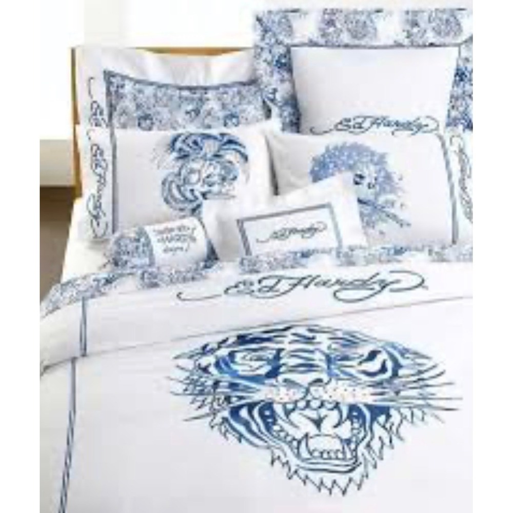 Ed Hardy Christian Audigier Tattoo Print Duvet Bedding Set White Blue Tiger Y2K